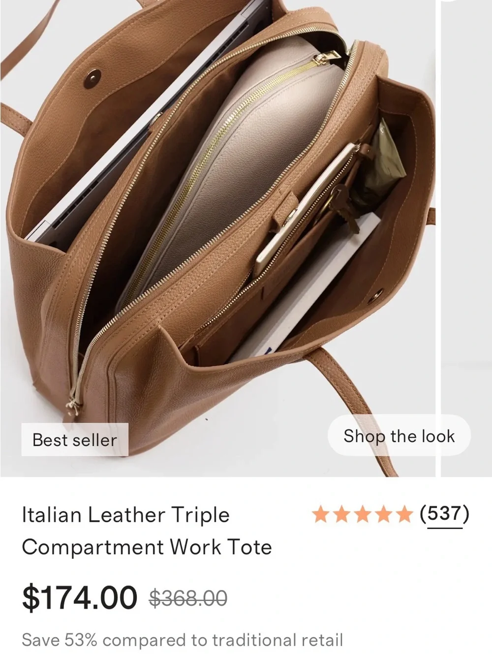 Quince Italian Leather Triple Compartment Work Tote — Tan - Picture 1 of 11